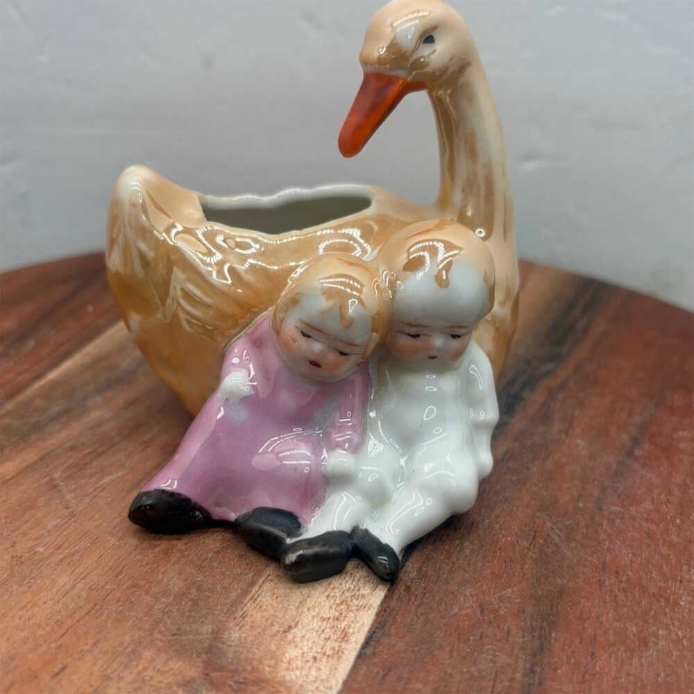Vintage Swan Planter Vase Pink White Boy & Girl Figurines Small Glazed